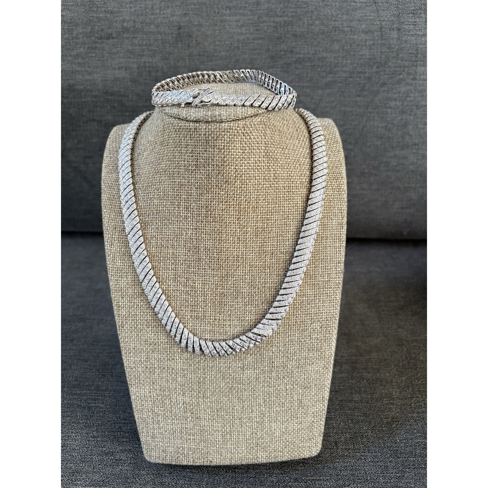 ROSS SIMONS 925 STERLING SILVER DIAGONAL LINK‎ CHAIN NECKLACE MATCHING BRACELET